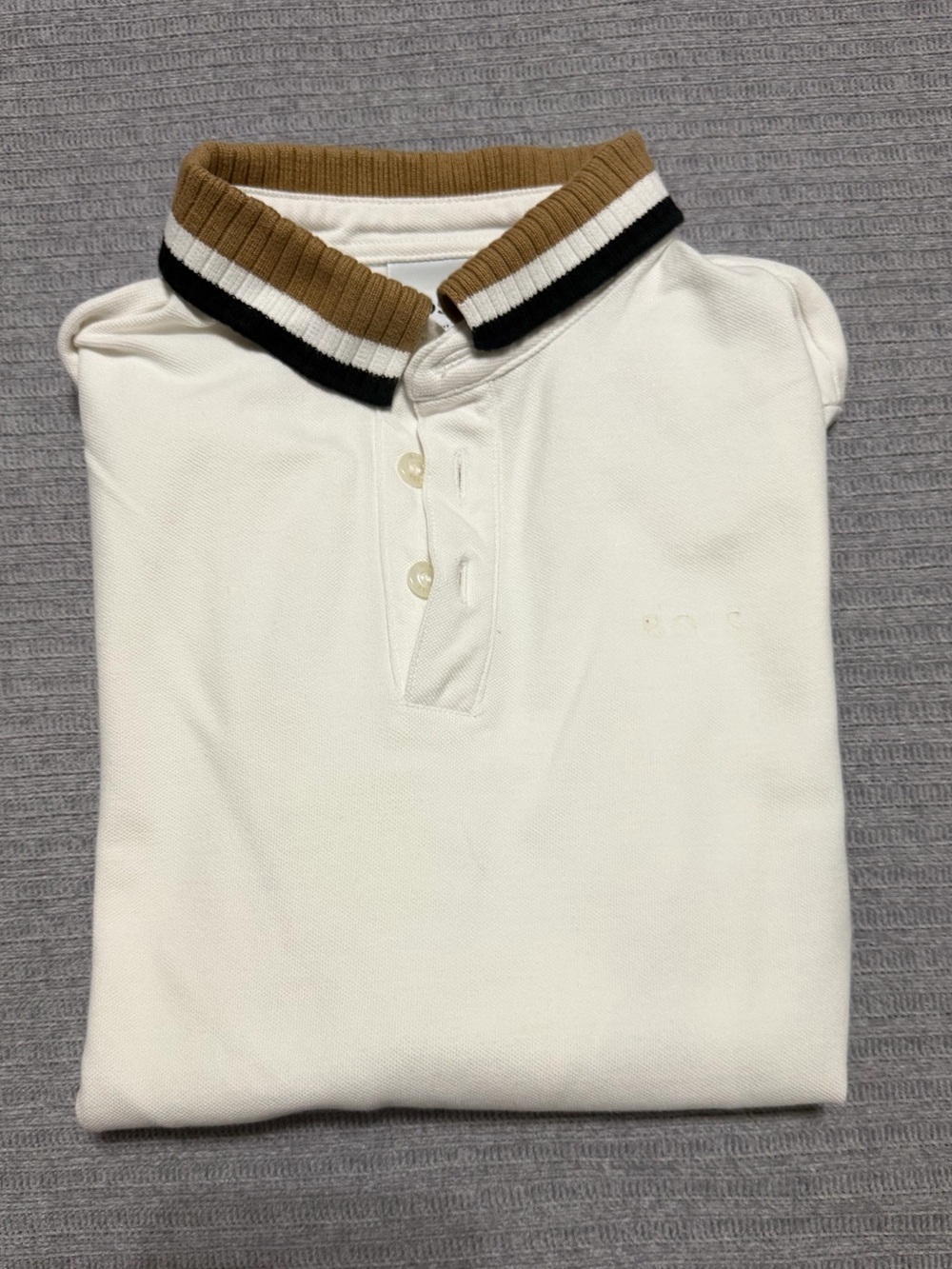 Boss White Polo with Tan and Black Striped Ribbed Collar